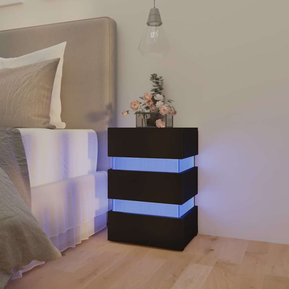 Mesita de noche luz LED madera de ingeniería negra 45x35x67