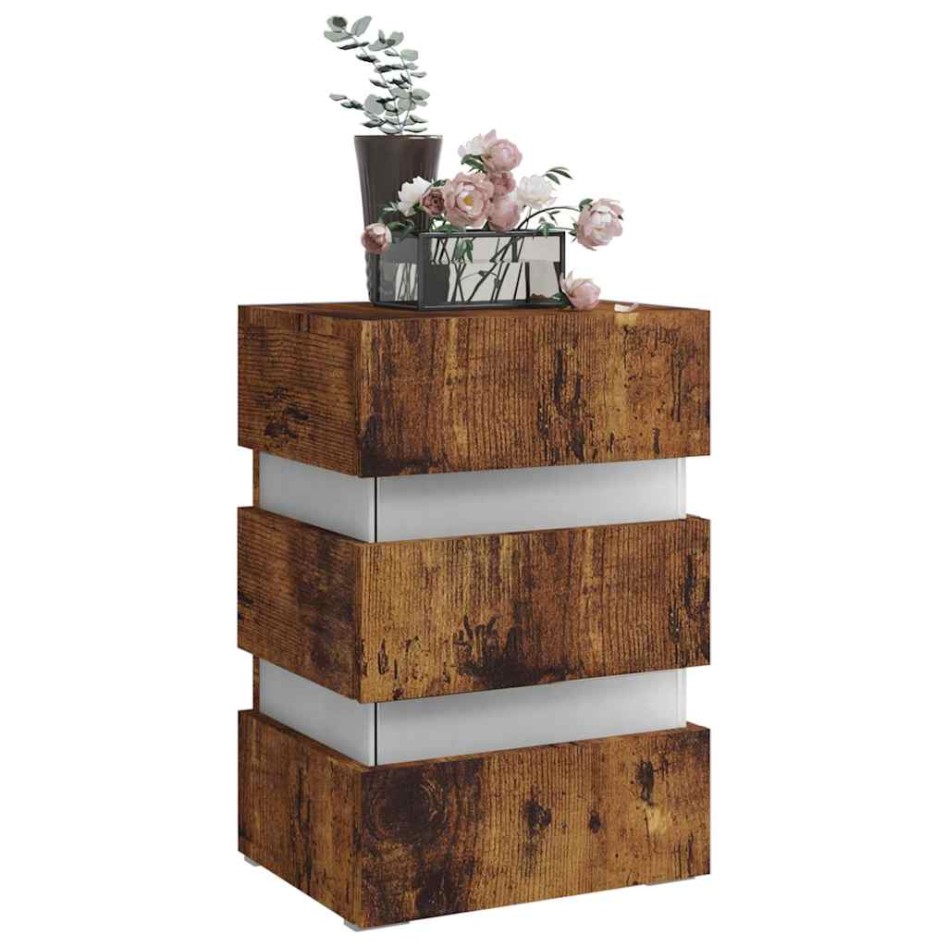 Mesita de noche LED madera ingeniería roble ahumado 45x35x67