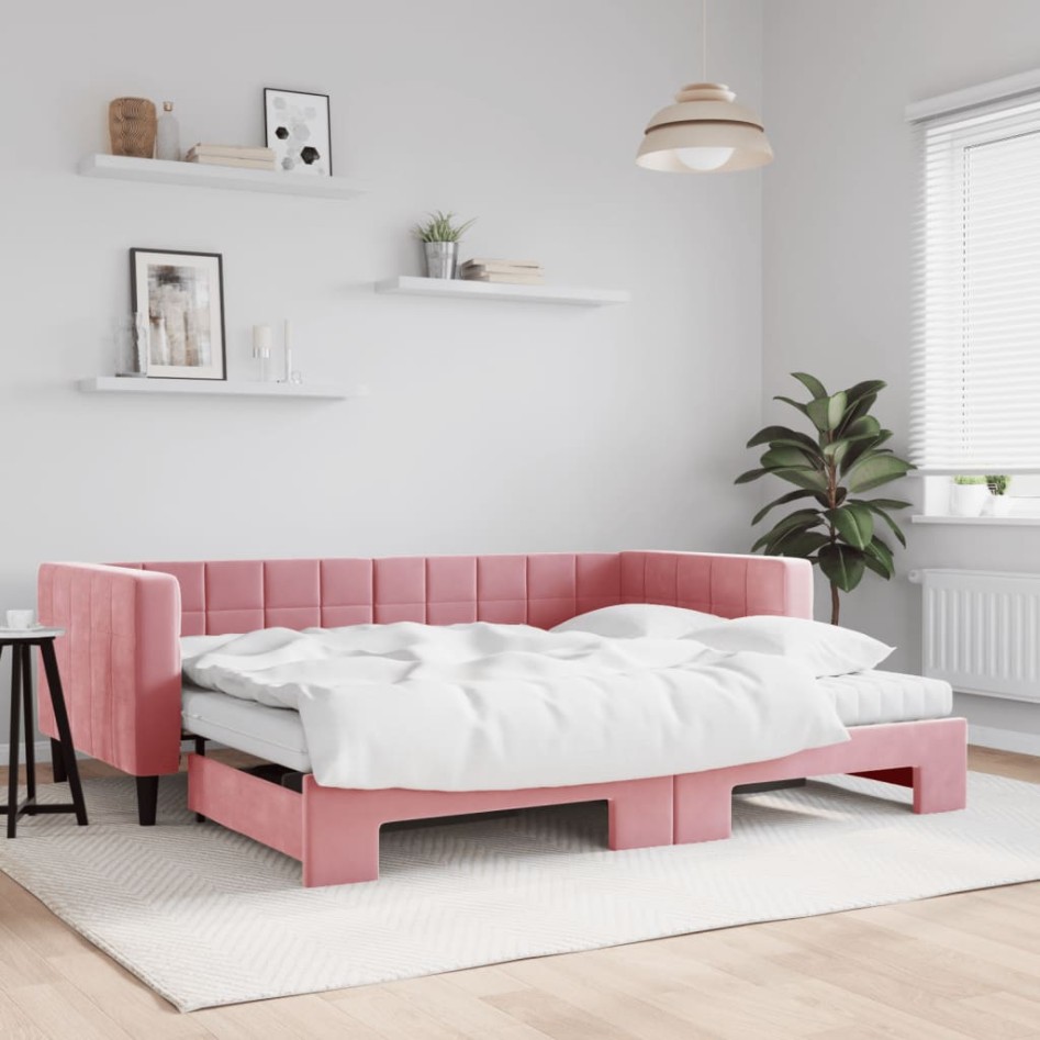Sofá cama nido con colchón terciopelo rosa 90x200