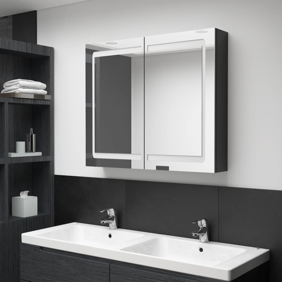 Armario de baño con espejo LED negro brillante 80x12x68