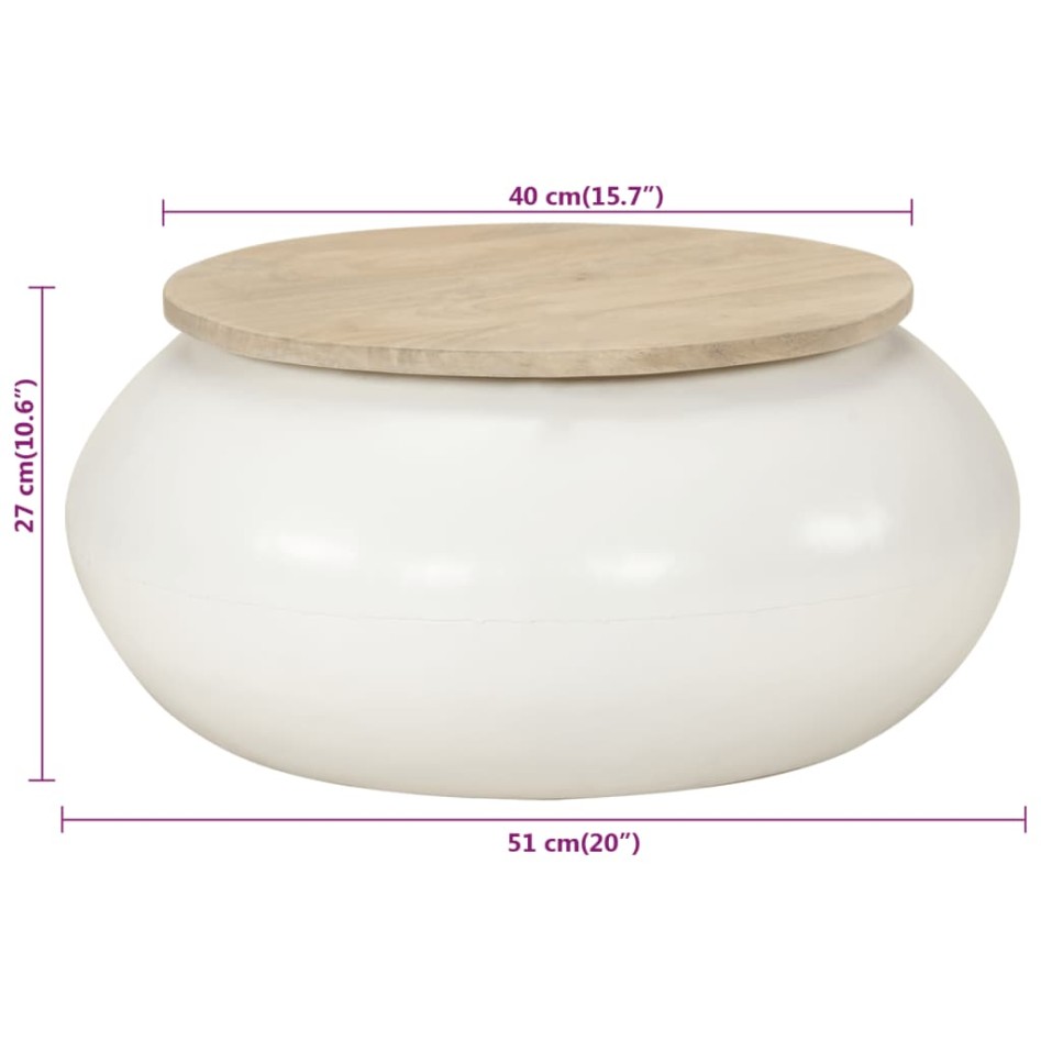 Mesa de centro de madera maciza de mango blanca 51x51x27