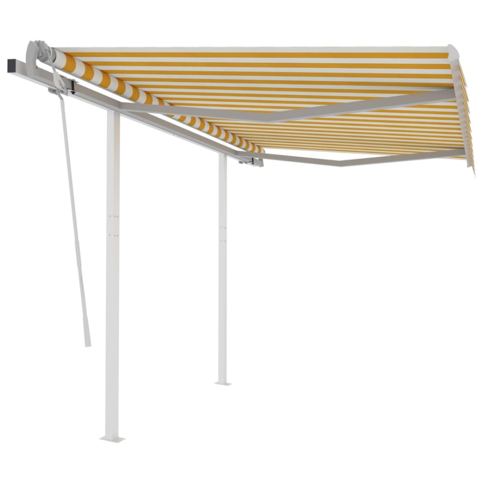 Toldo manual retráctil con postes amarillo y blanco 3,5x2,5
