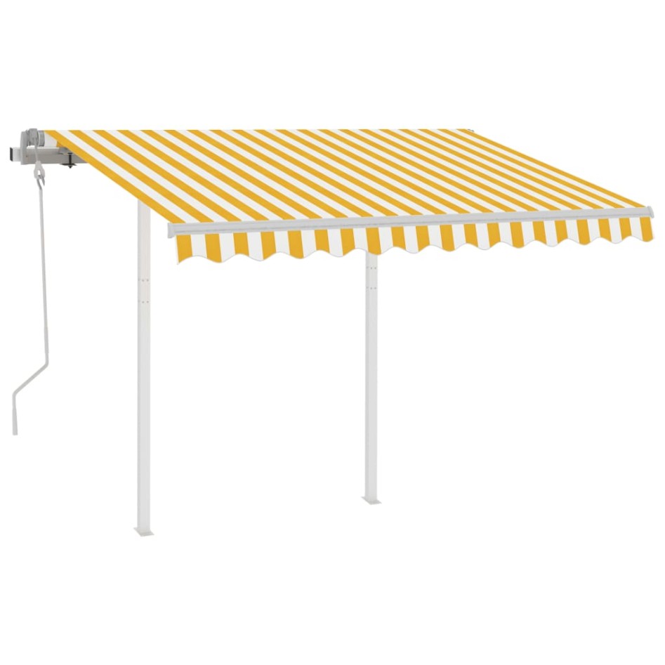 Toldo manual retráctil con postes amarillo y blanco 3,5x2,5