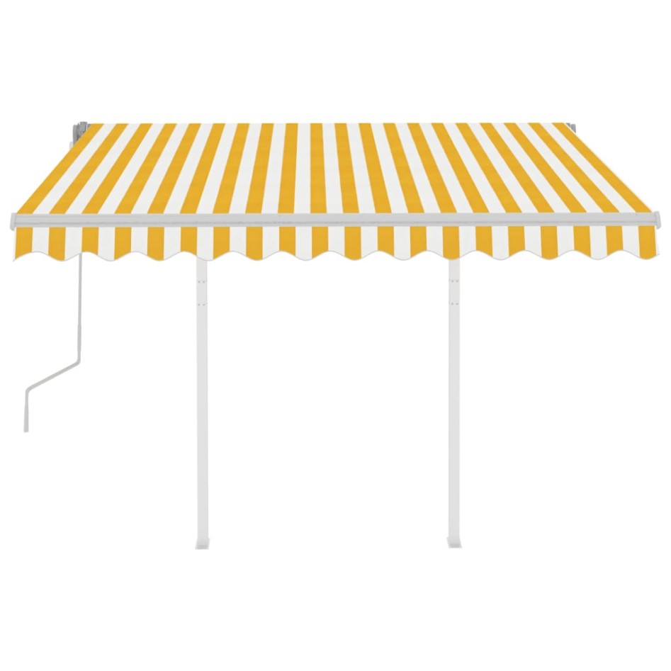 Toldo manual retráctil con postes amarillo y blanco 3,5x2,5