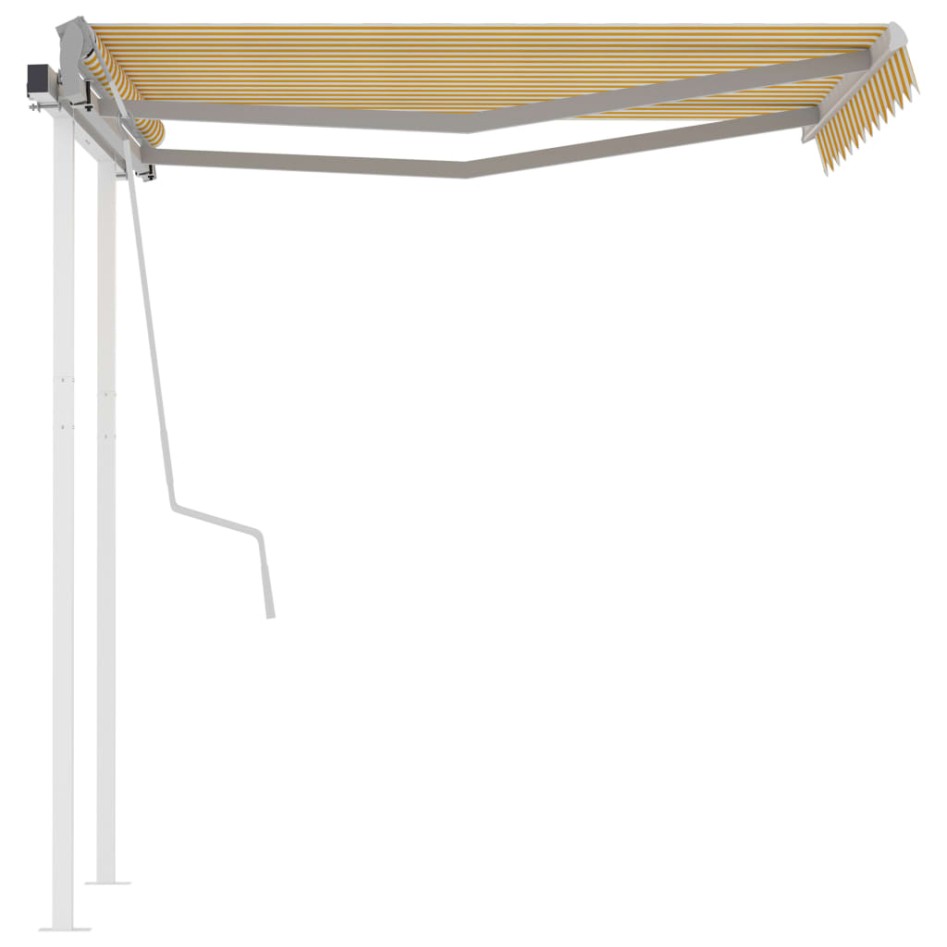 Toldo manual retráctil con postes amarillo y blanco 3,5x2,5