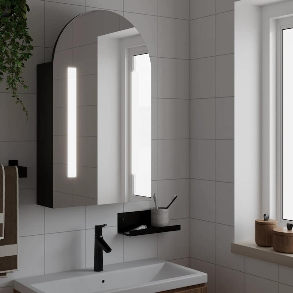 Mueble de baño con espejo arqueado y luz LED negro 42x13x70