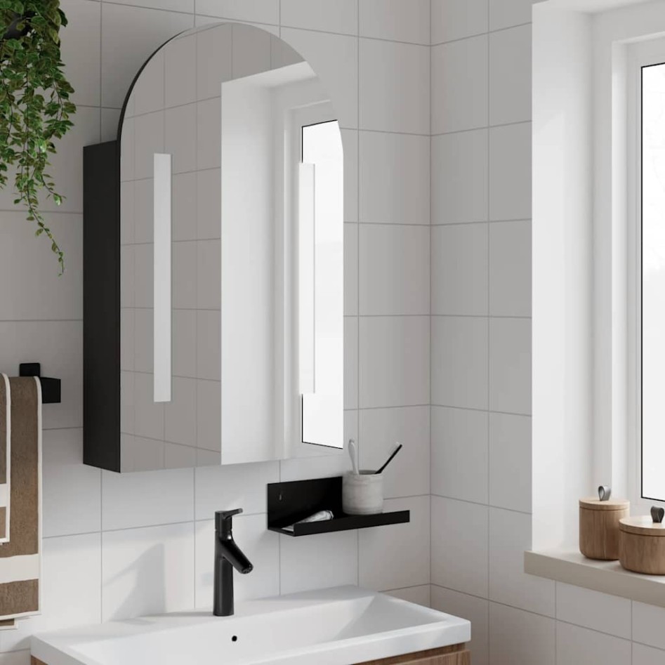 Mueble de baño con espejo arqueado y luz LED negro 42x13x70