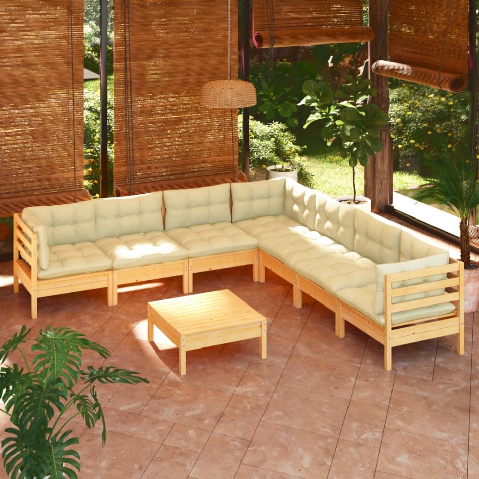 Muebles de jardín 8 pzas y cojines madera maciza de pino