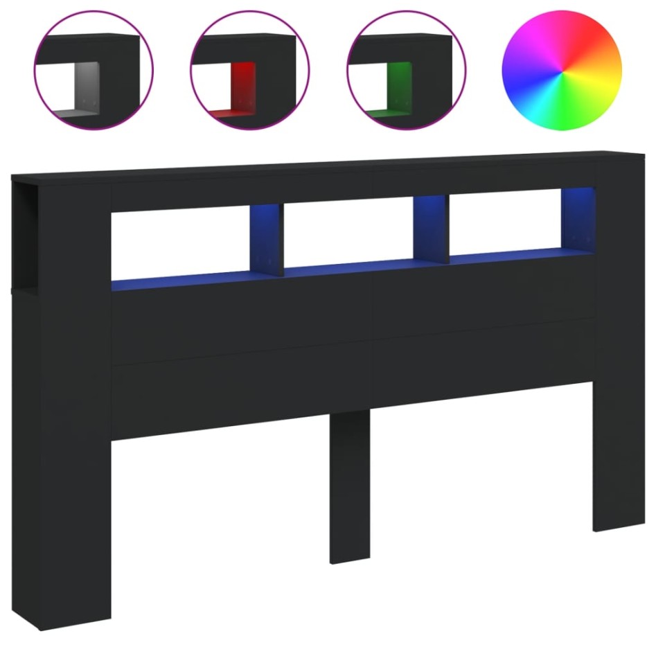 Cabecero con LED madera de ingeniería negro 180x18,5x103,5