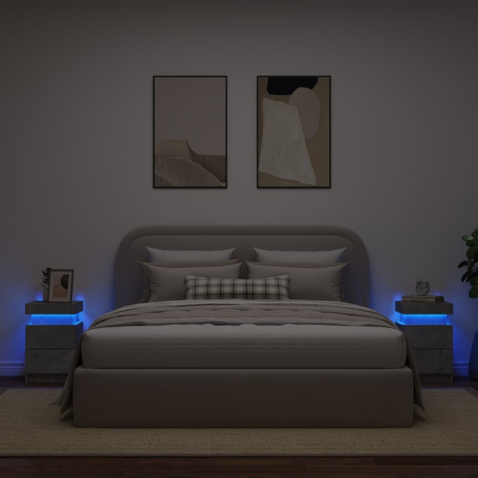 Mesitas de noche con luces LED 2 uds gris hormigón 35x39x55