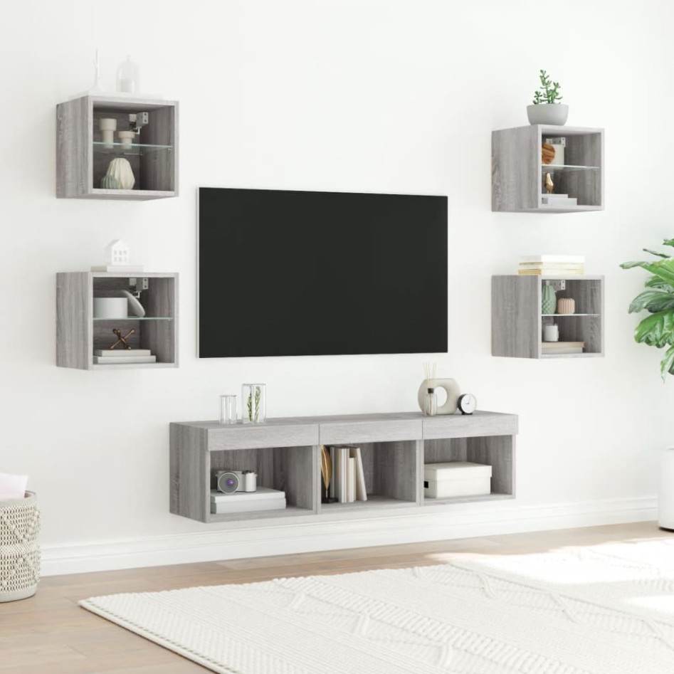 Muebles TV pared con LED 7 pzas madera ingeniería gris