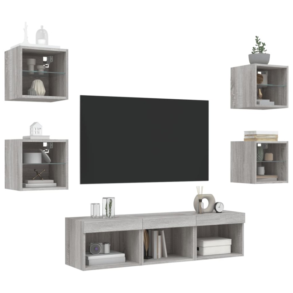 Muebles TV pared con LED 7 pzas madera ingeniería gris