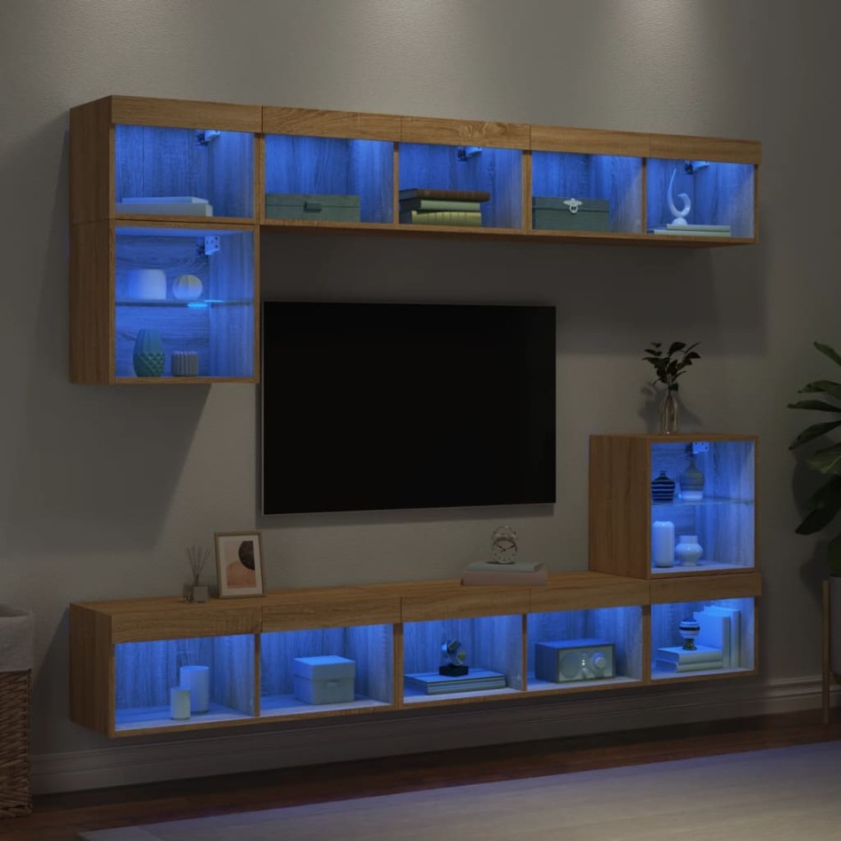 Muebles TV pared con LED 8 pzas madera ingeniería roble