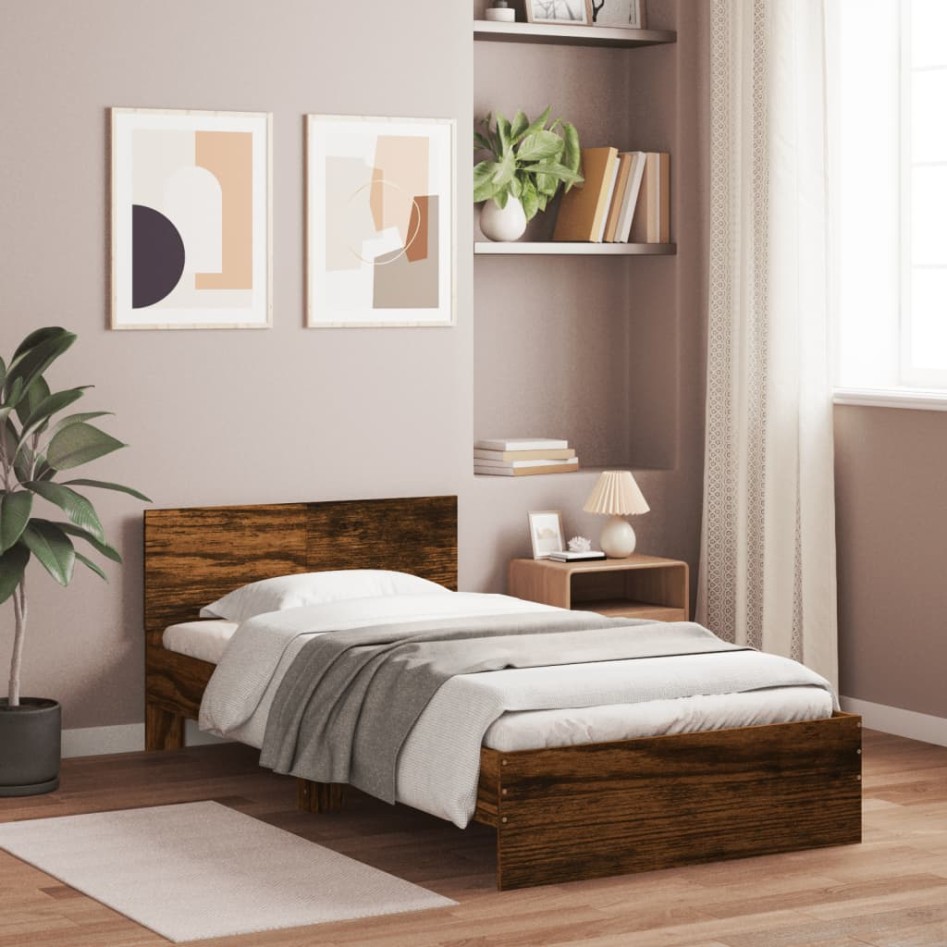 Cama con cabecero madera de ingeniería roble ahumado 100x200