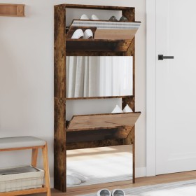 Mueble zapatero con espejo 4 niveles roble ahumado 63x17x134