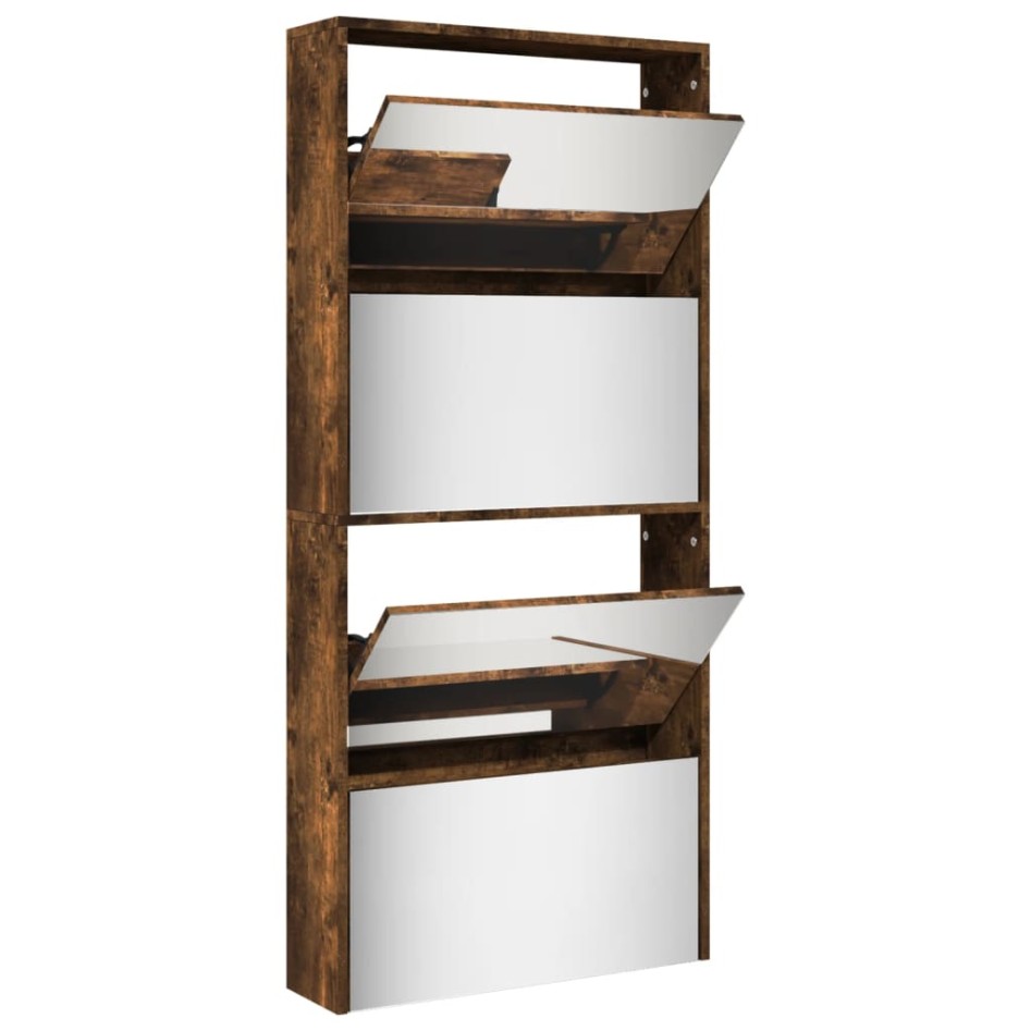 Mueble zapatero con espejo 4 niveles roble ahumado 63x17x134