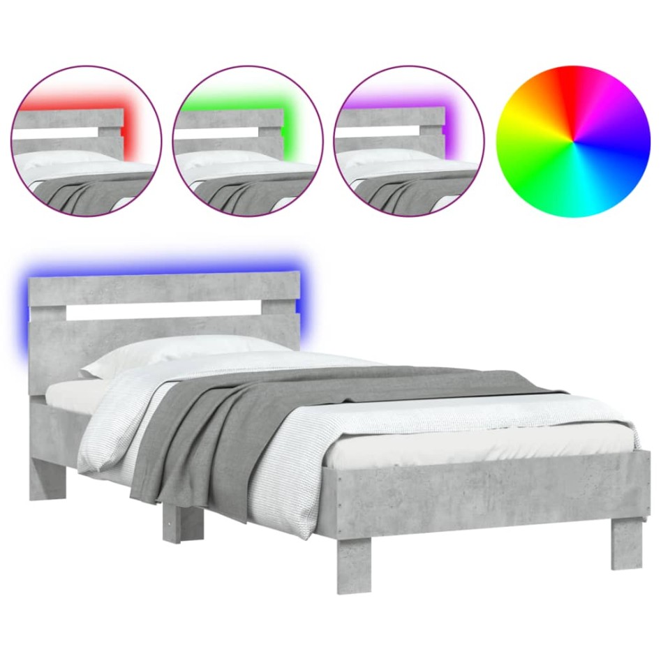 Estructura de cama cabecero luces LED gris hormigón 90x200