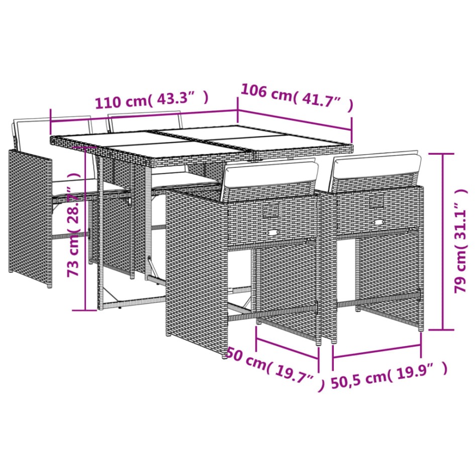 Set comedor de jardín 5 pzas con cojines ratán sintético