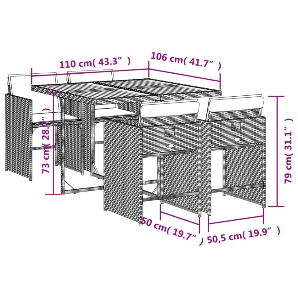 Set comedor de jardín 5 piezas con cojines ratán sintético
