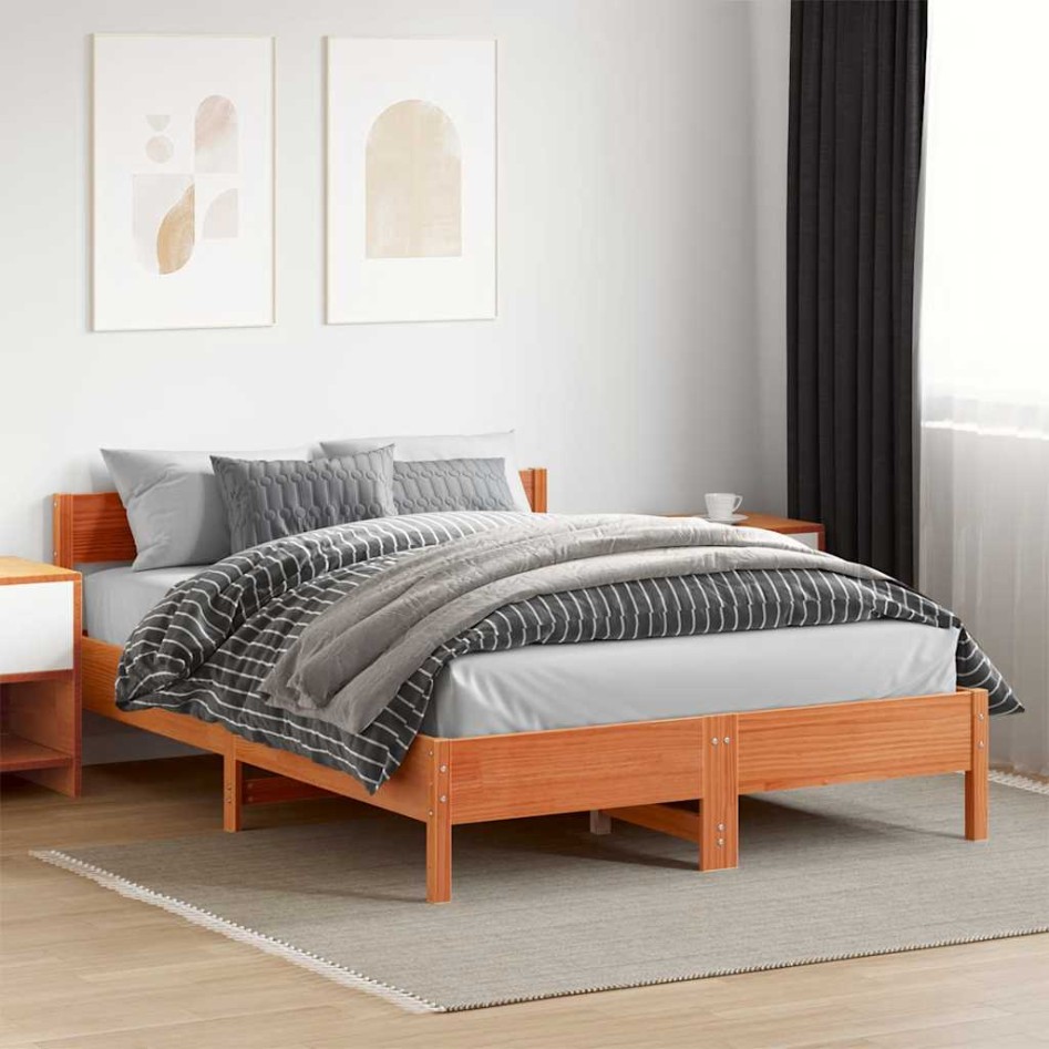 Cama sin colchón madera maciza de pino marrón cera 140x200