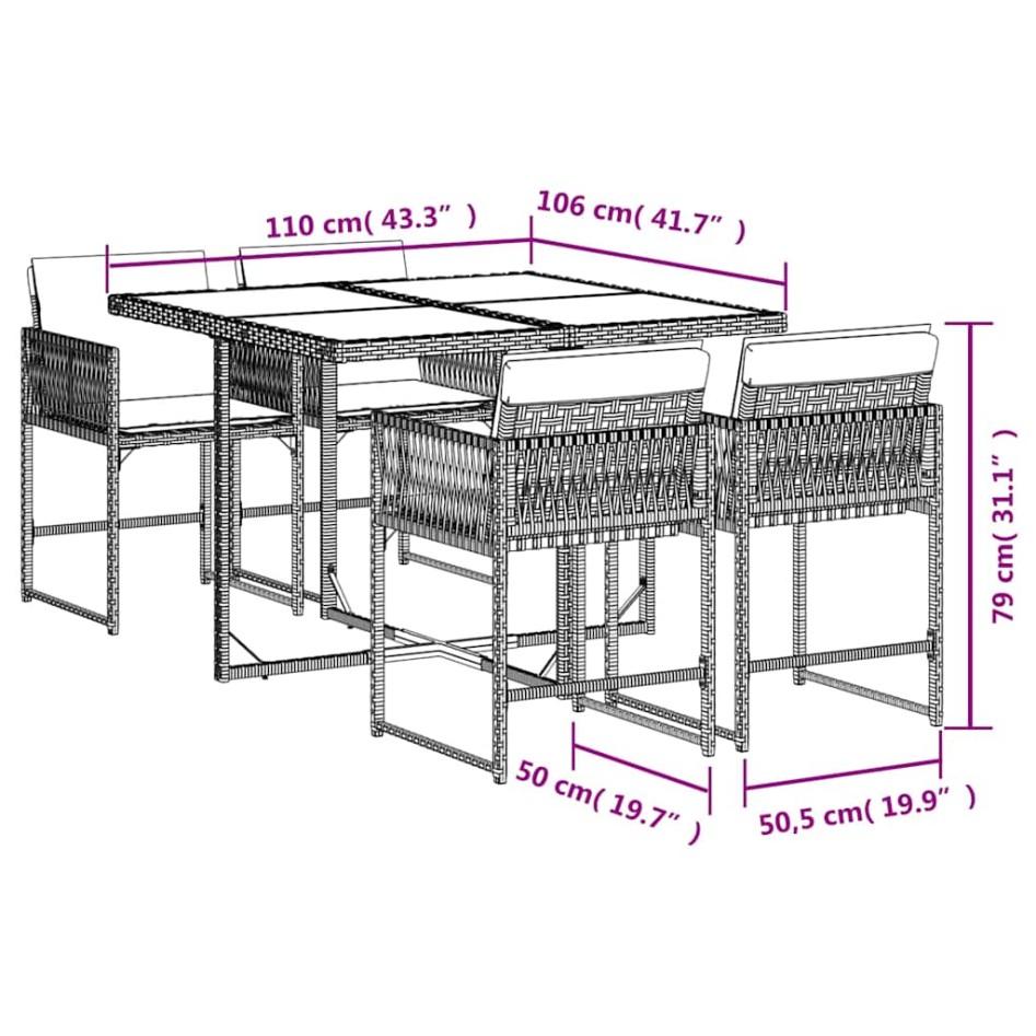 Set de muebles jardín 5 pzas con cojines ratán sintético