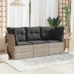 Set de sofá de jardín 3 pzas y cojines ratán sintético gris