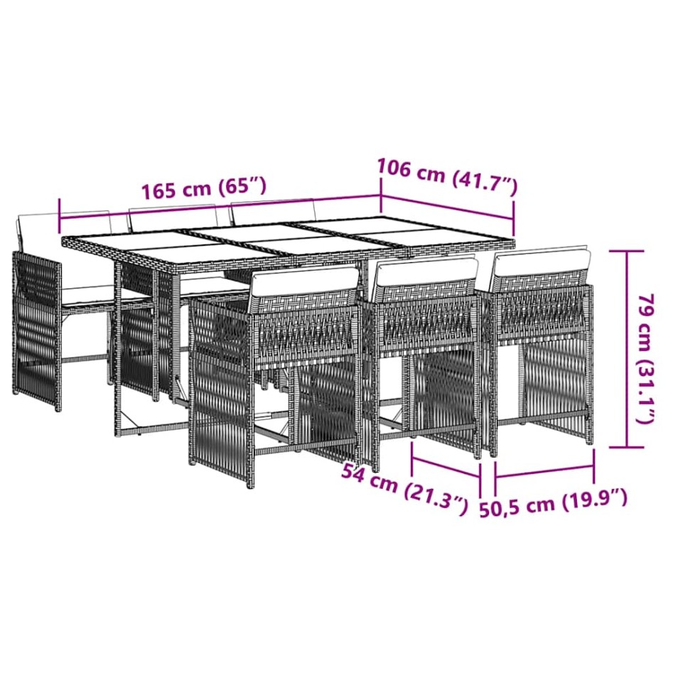 Set comedor de jardín 7 pzas con cojines ratán sintético