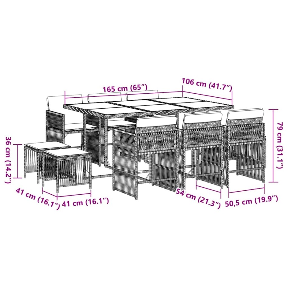 Set de comedor de jardín 11 pzas y cojines ratán sintético