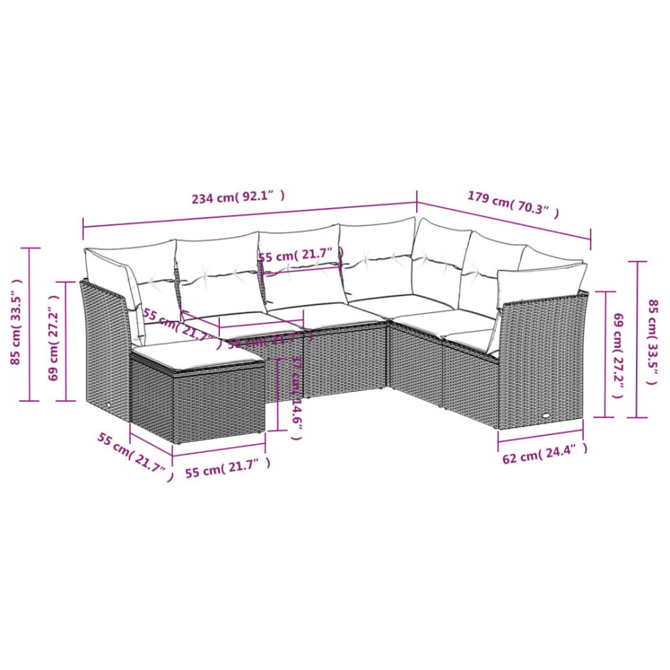 Juego de sofás de jardín 7 piezas con cojines ratán PE