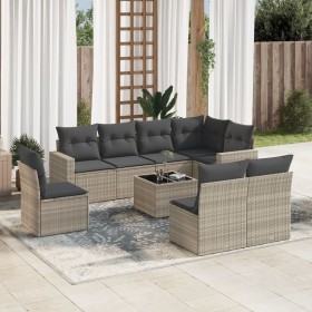 Set muebles jardín 9 pzas y cojines ratán sintético gris