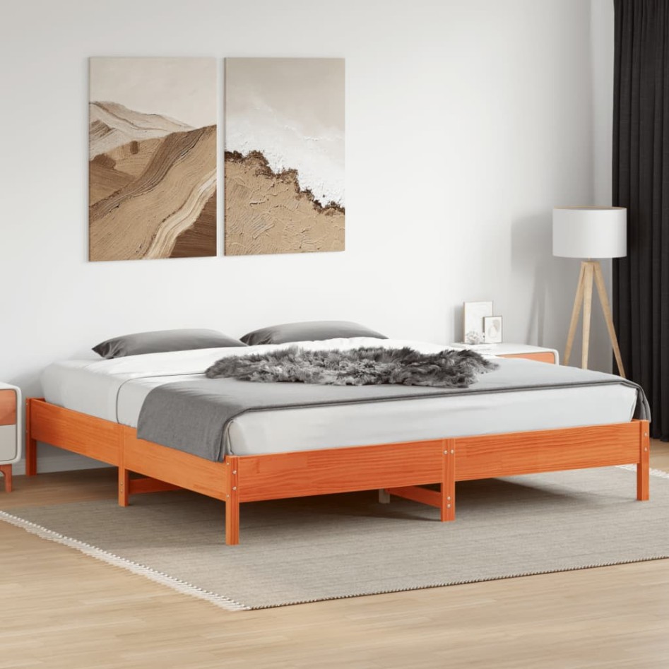 Cama sin colchón madera maciza de pino marrón cera 180x200