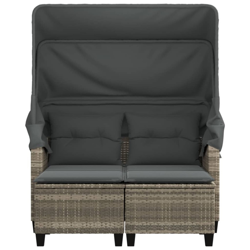 Sofá jardín 2 plazas con capota y taburetes ratán PE gris