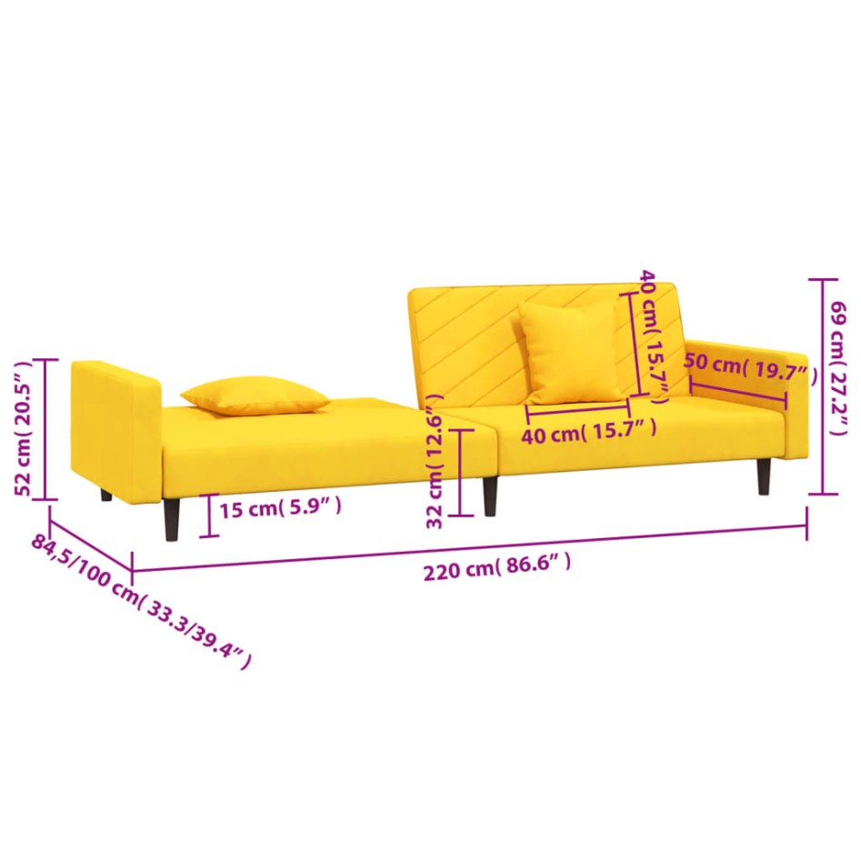 Sofá cama de 2 plazas con dos almohadas terciopelo