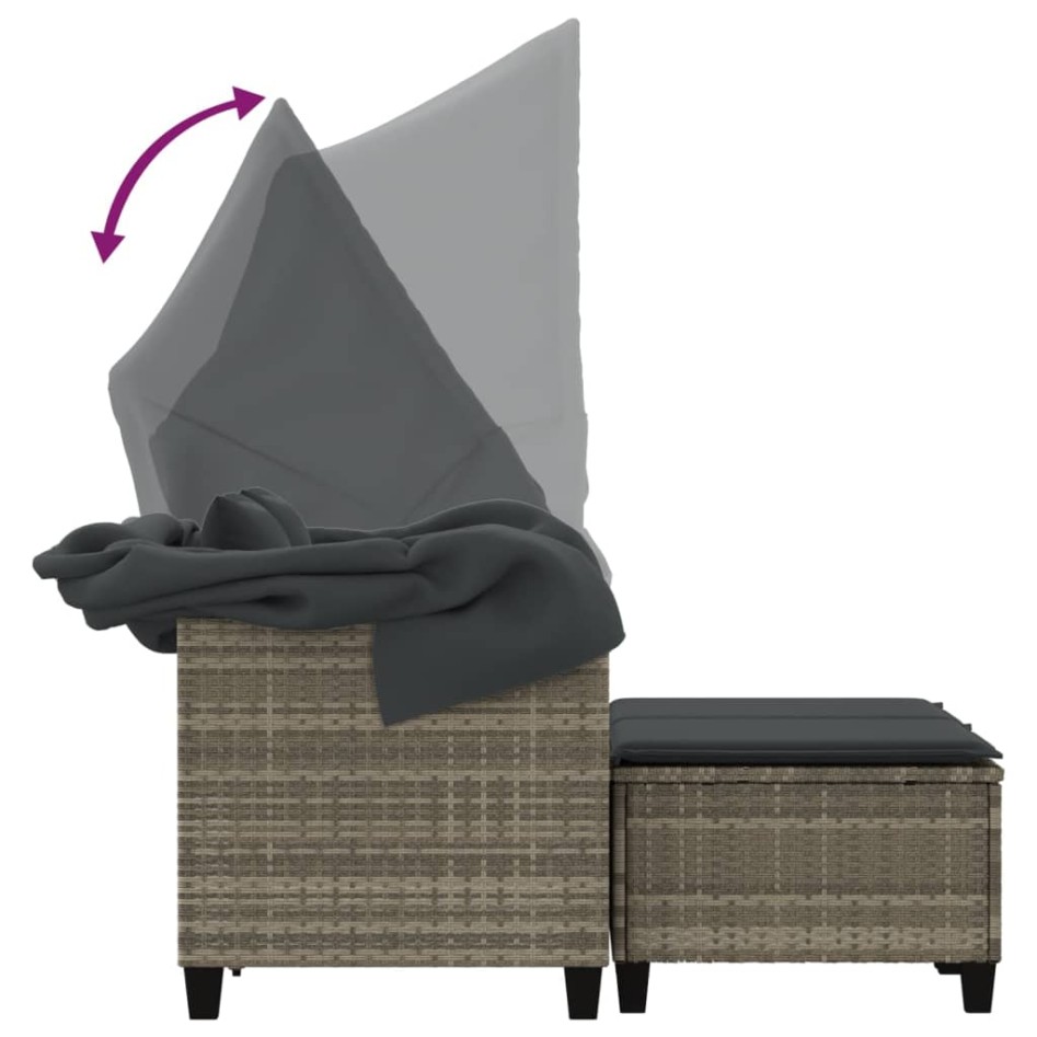 Sofá jardín 2 plazas con capota y taburetes ratán PE gris