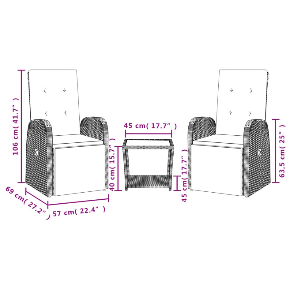 Set comedor de jardín 3 piezas con cojines ratán sintético