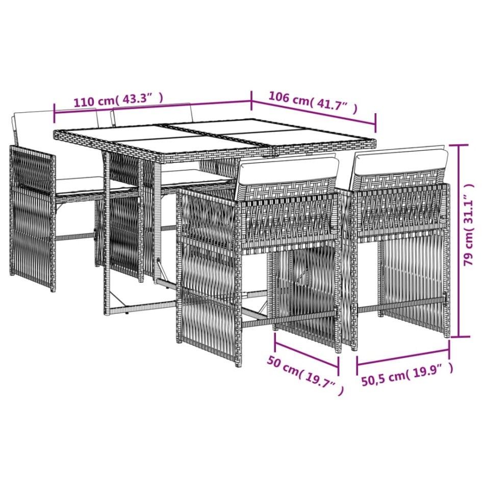 Set comedor de jardín 5 pzas con cojines ratán sintético