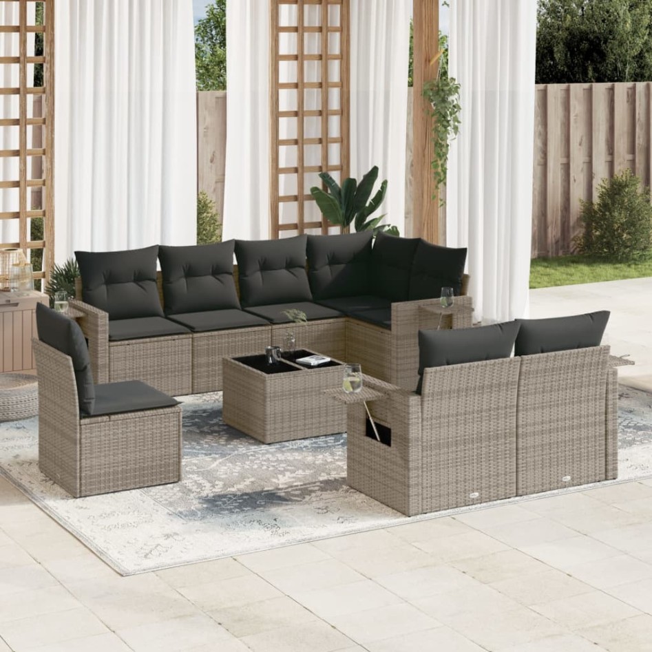 Set de muebles de jardín 9 pzas y cojines ratán sintético