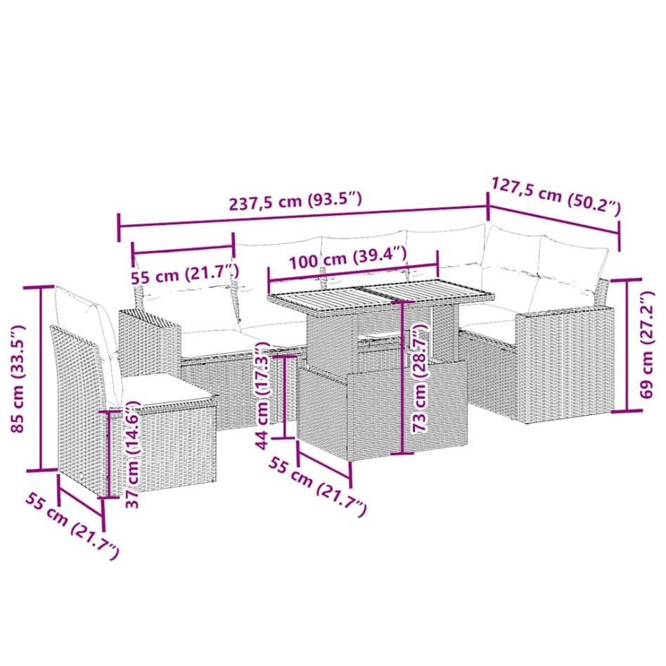 Set sofás de jardín 7 piezas y cojines ratán sintético