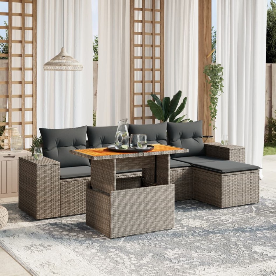 Set de muebles de jardín 6 pzas y cojines ratán sintético