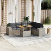 Set de sofás de jardín 7 piezas con cojines ratán PE gris