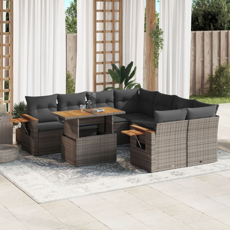 Set de muebles de jardín 9 pzas y cojines ratán sintético