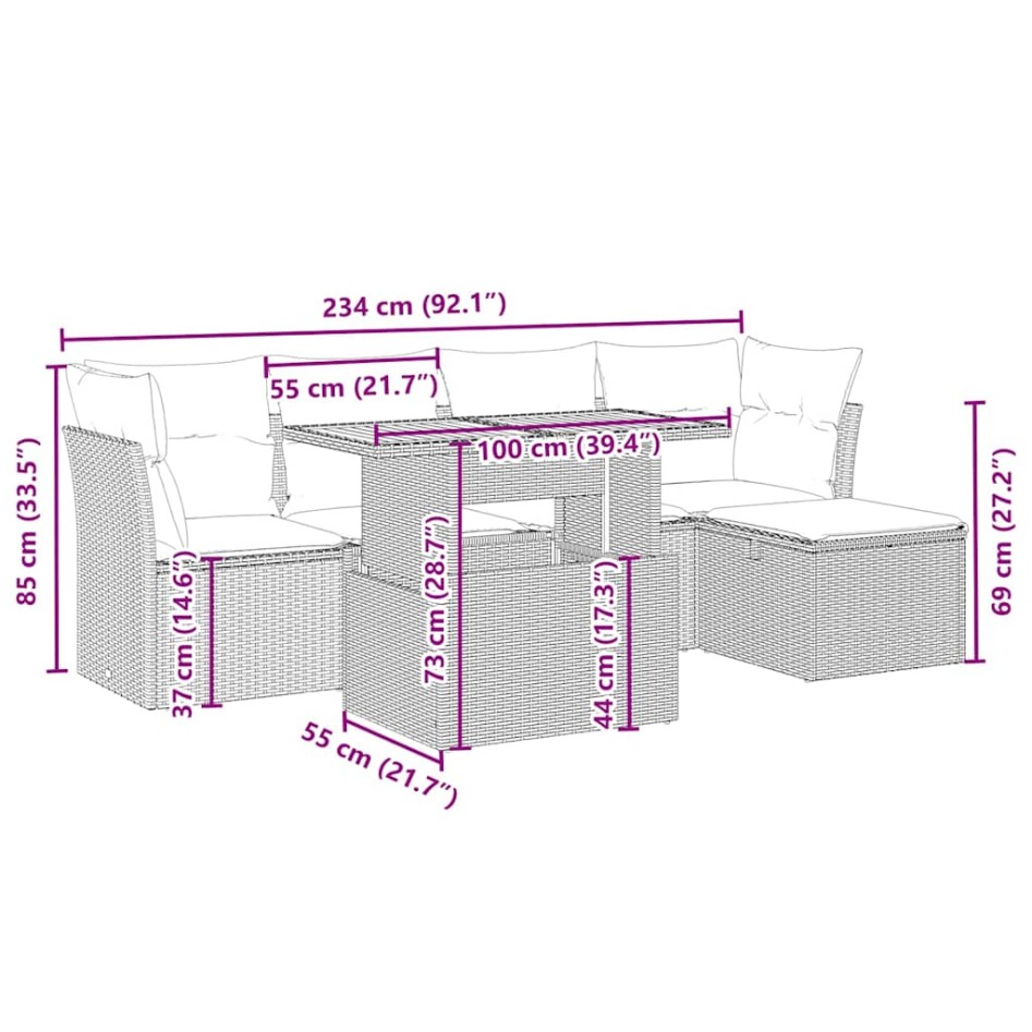 Juego de sofás jardín con cojines 6 pzas ratán sintético