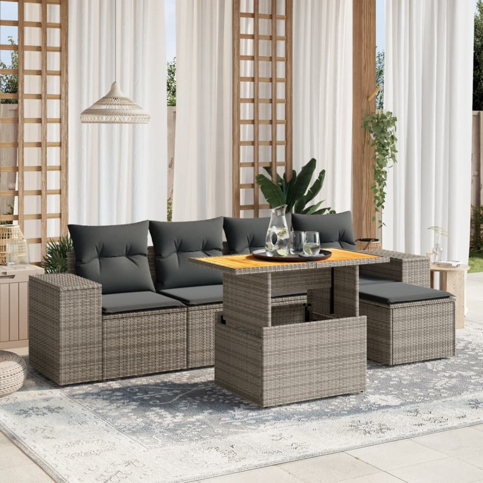 Set de muebles de jardín 6 pzas y cojines ratán sintético