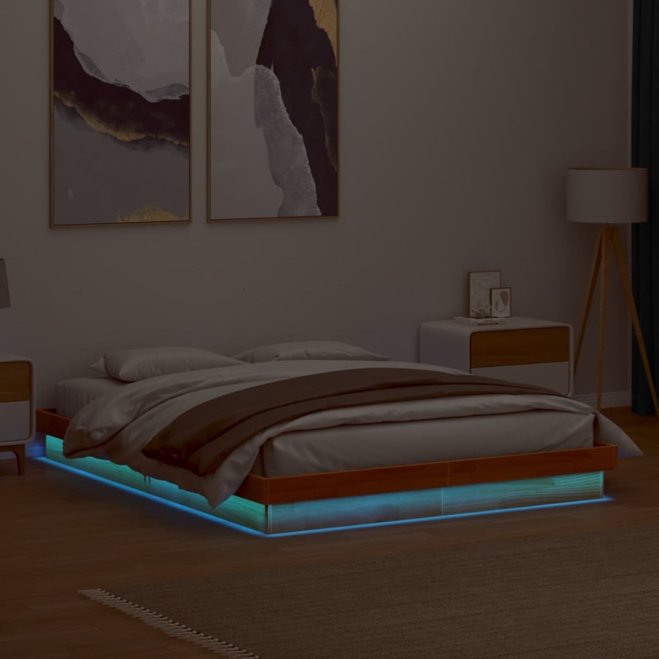 Estructura de cama LED madera maciza pino marrón cera