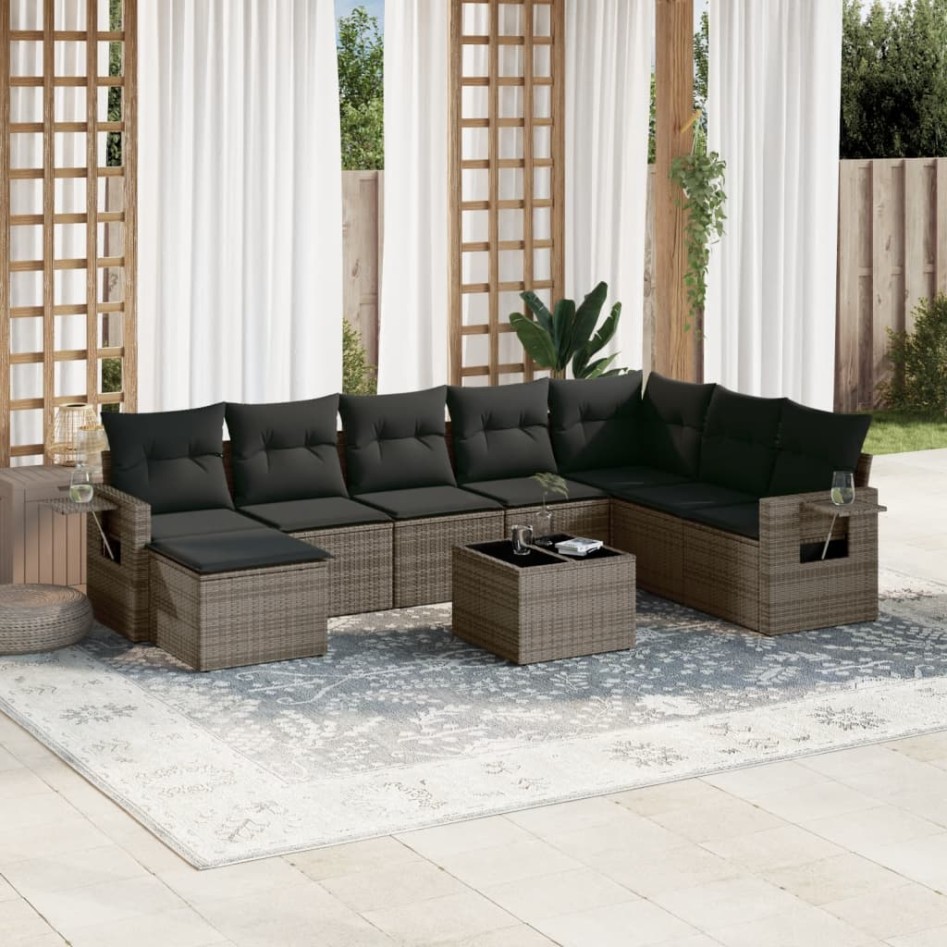 Set de muebles de jardín 9 pzas y cojines ratán sintético