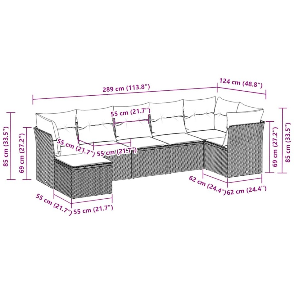 Set de sofás de jardín 7 pzas con cojines ratán PE gris