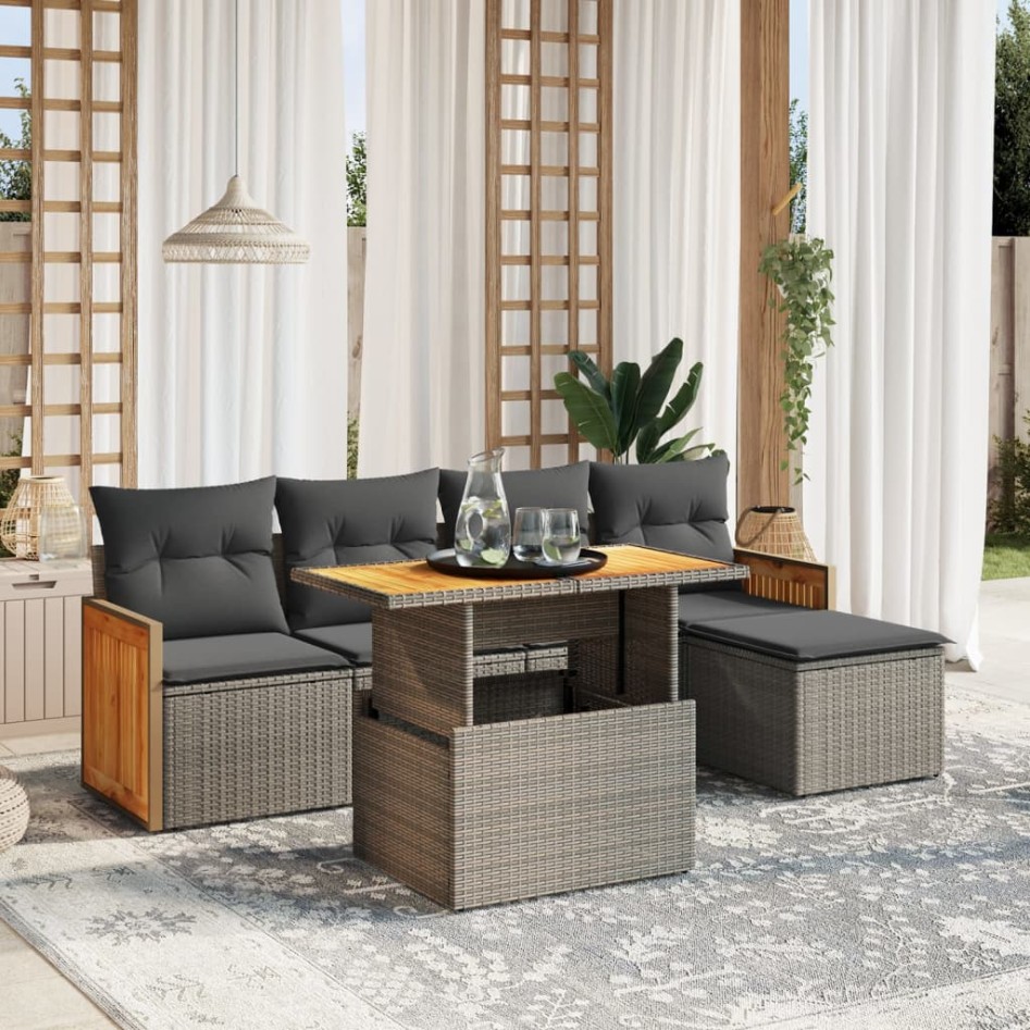 Set de muebles de jardín 6 pzas y cojines ratán sintético
