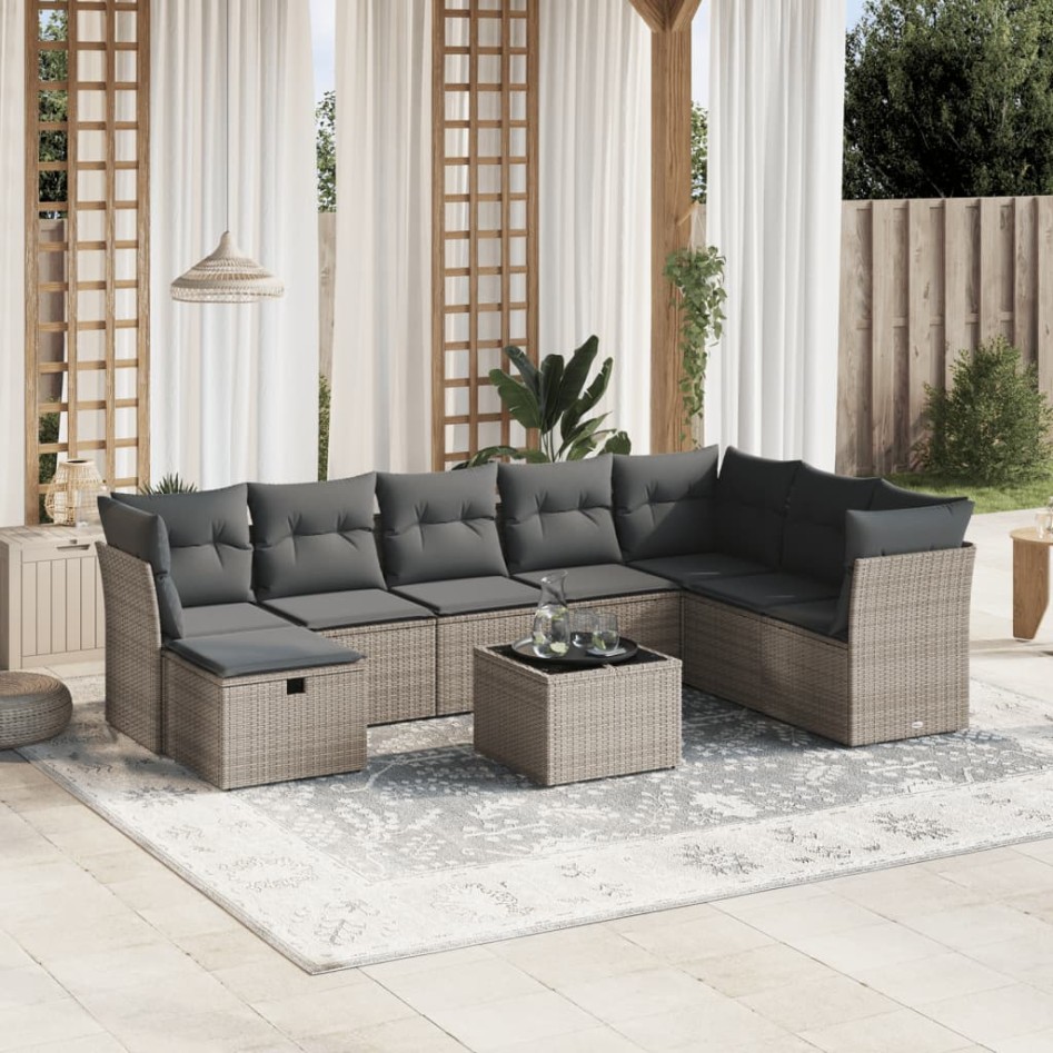 Set de muebles de jardín 9 pzas y cojines ratán sintético