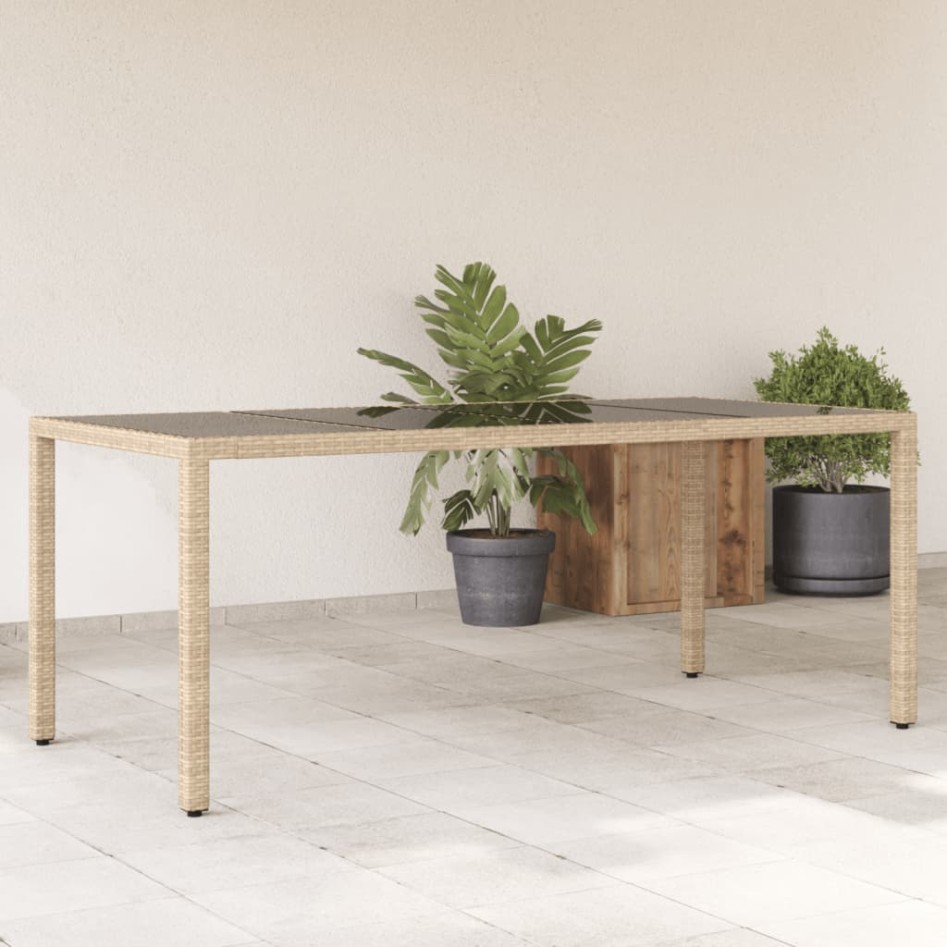 Mesa de jardín superficie de vidrio ratán PE beige 190x90x75