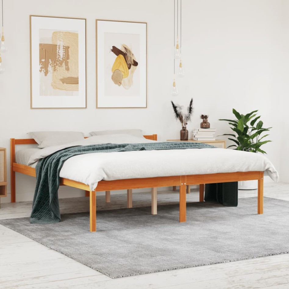 Cama para mayores madera maciza de pino marrón cera 150x200